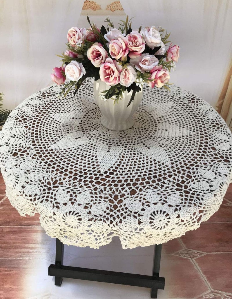 Damanni Beige Cotton Handmade Crochet Lace Tablecloth Doilies,Round,31 Inch - Image 4